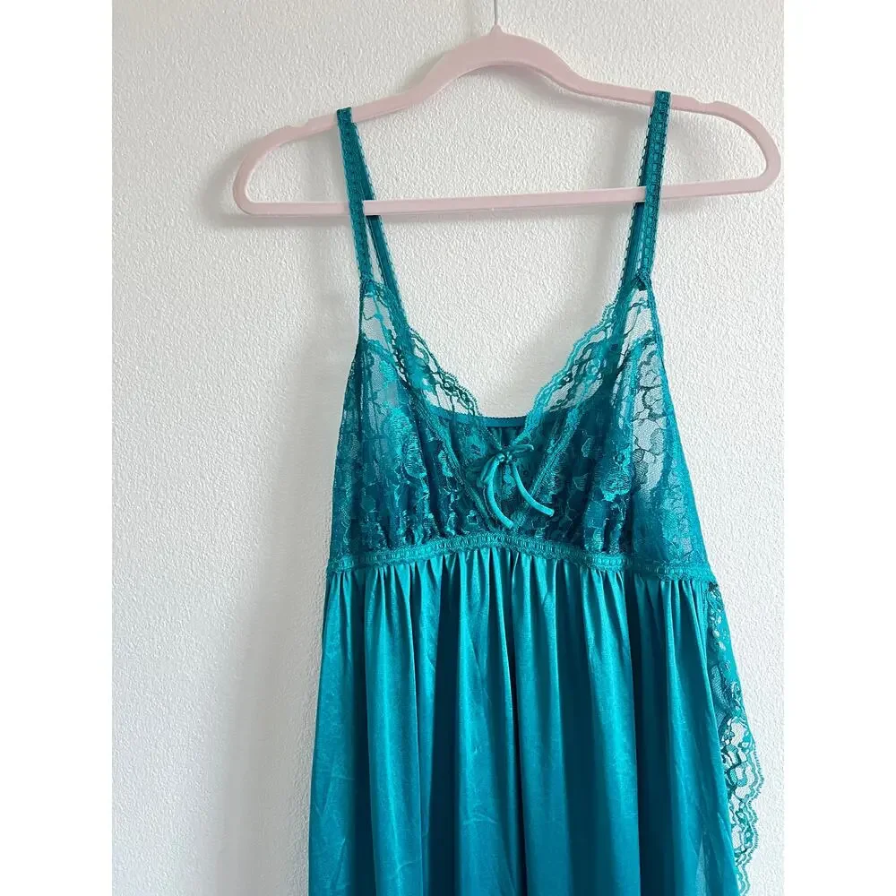 Teal Satin Lace-Trim Slip Nightgown L Vintage Glamour Whimsigoth Fairycore Siren